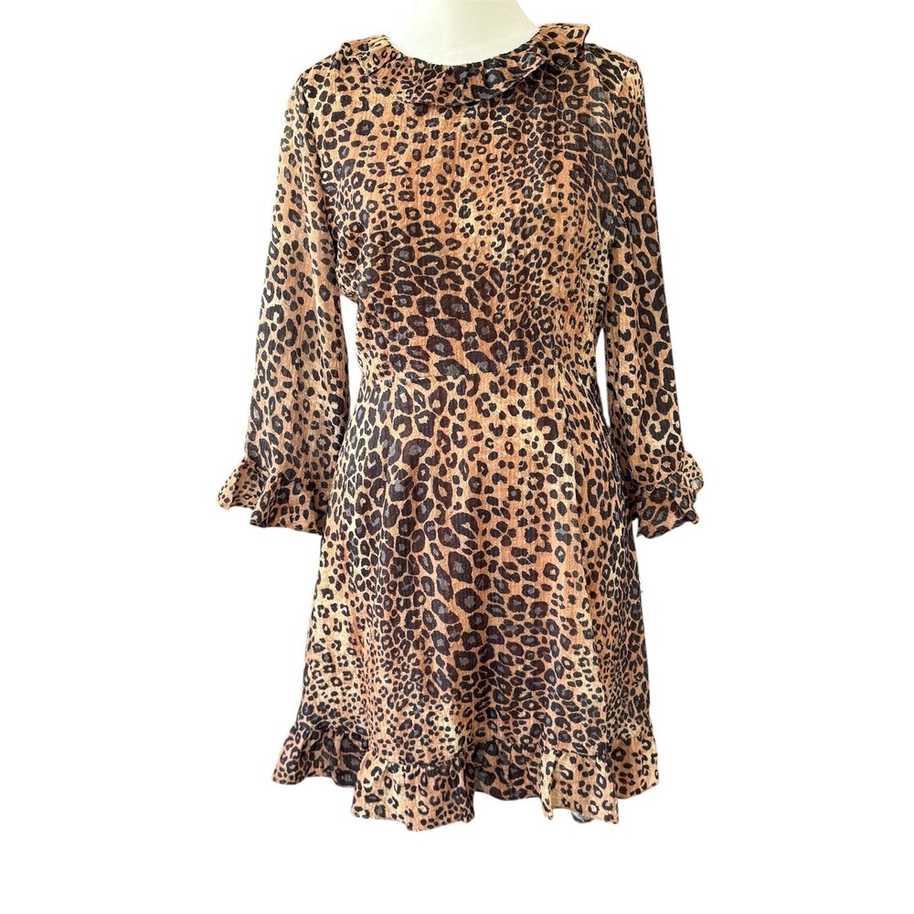 The Impeccable Pig Leopard Print Mini Dress Women's S‎ Ruffles Neutrals NWT